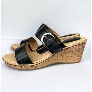 Born b.o.c. Womens Black Open Toe Dual Strap Slip-On Cork Wedge Sandals Size 10